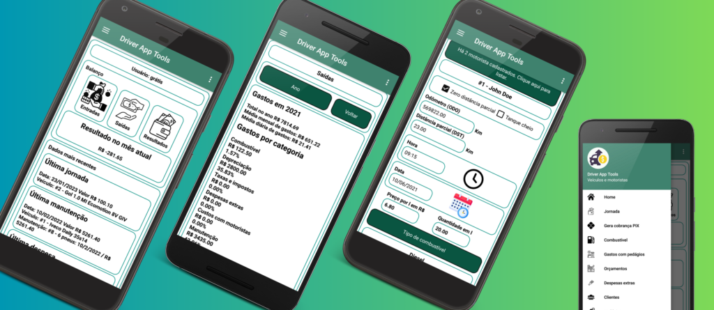 Telas do aplicativos Driver App Tool