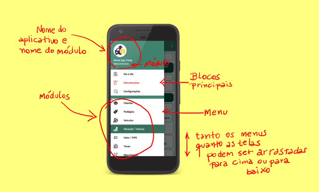 Exemplo do menu do aplicativo Android Driver App Tools.