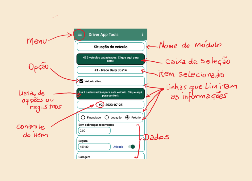 Exemplo do ambiente do aplicativo Android Driver App Tools para motoristas que utilizam seus veículos como ferramenta de trabalho.