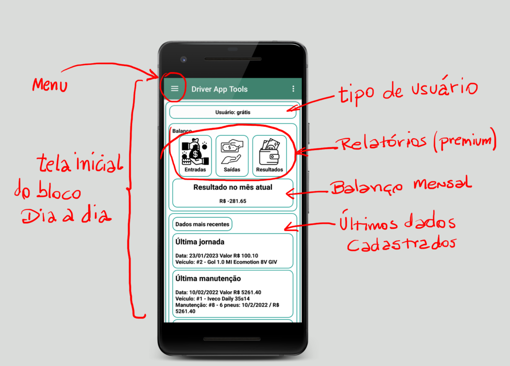 Tela home do módulo do aplicativo Driver App Tools para dispositivos Android.